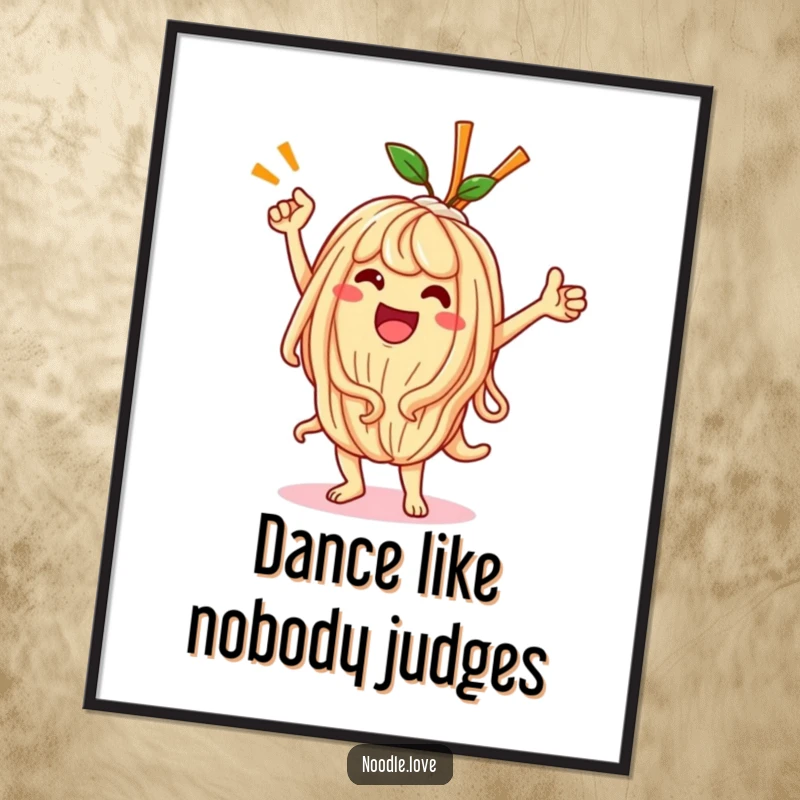 Funny Kawaii noodle character in an energetic victory dance, rendered as a high-resolution digital art print.