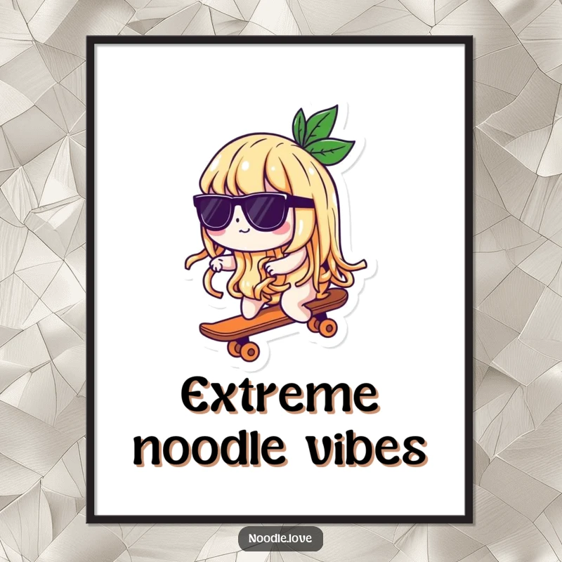 Funny digital art print of a noodle character in sunglasses riding a tiny skateboard, capturing a cool, humorous, and dynamic moment.