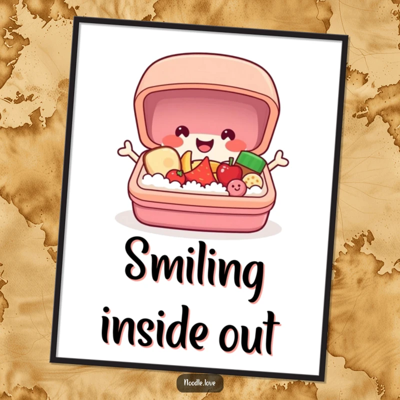 Funny bento box digital art print featuring a cheerful character popping open to reveal tiny smiling food, perfect for adding playful humor.