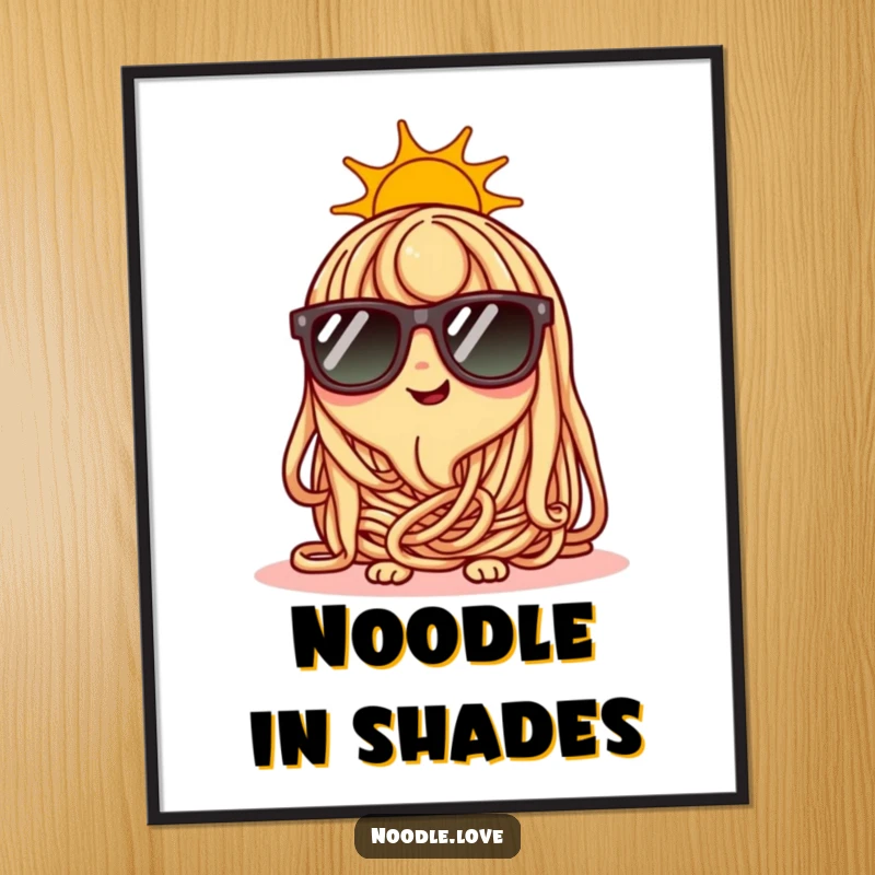 Funny happy noodle character wearing tiny sunglasses on a sunny day, instant cool decor.