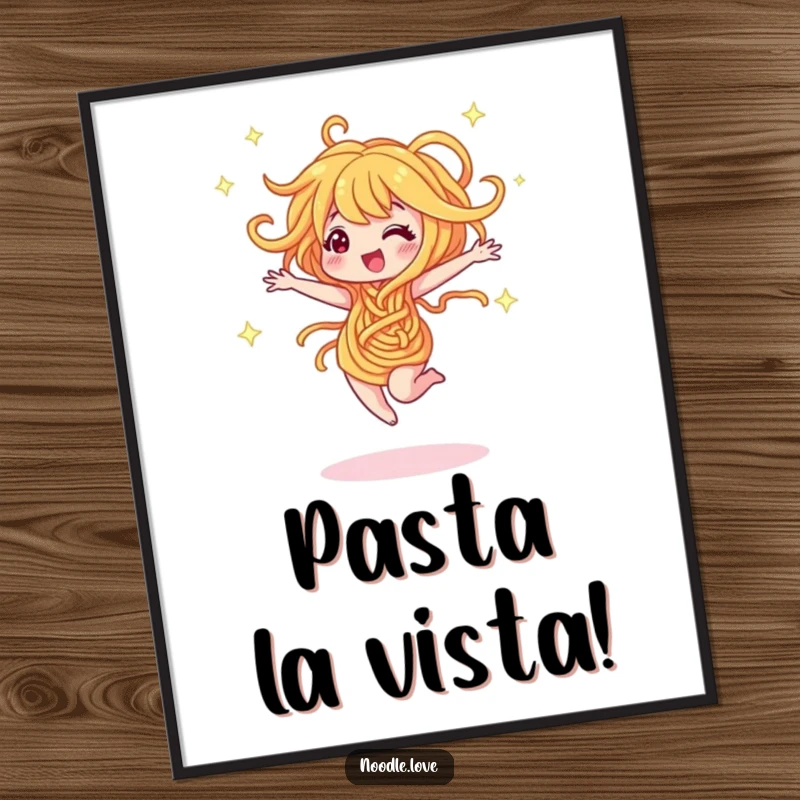 Funny digital art print of a noodle character dancing and twirling with sparkles. Joyful and humorous funny gift.