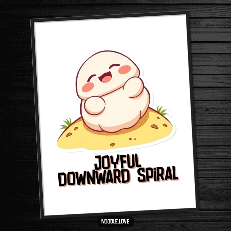 Funny Kawaii dumpling character captured mid-roll down a hill with pure delight, perfect for a funny digital print.