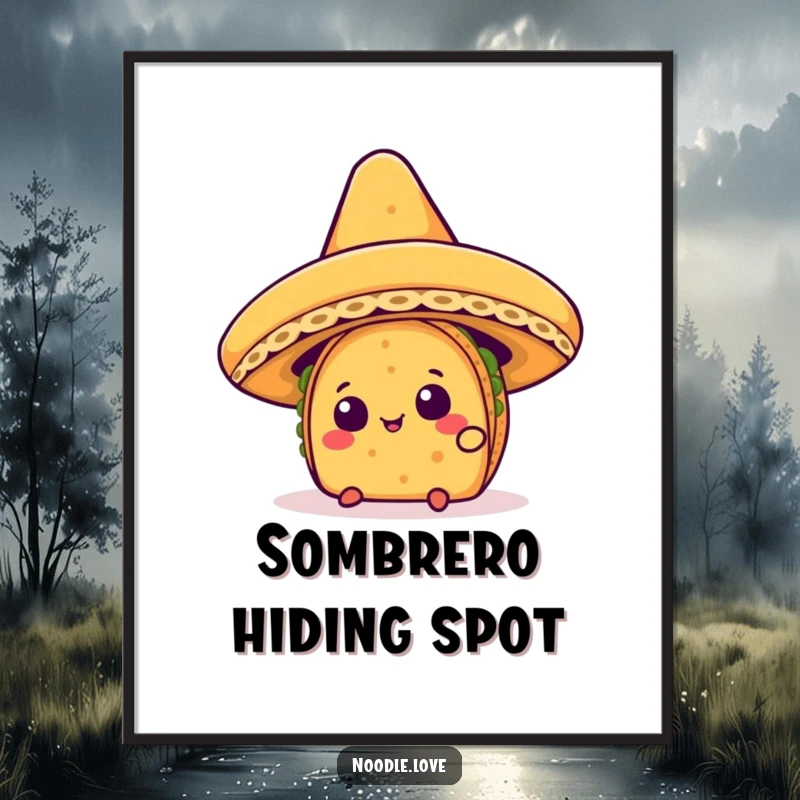 Funny Kawaii taco character curiously peeking from under a giant sombrero, perfect for a humorous digital print.