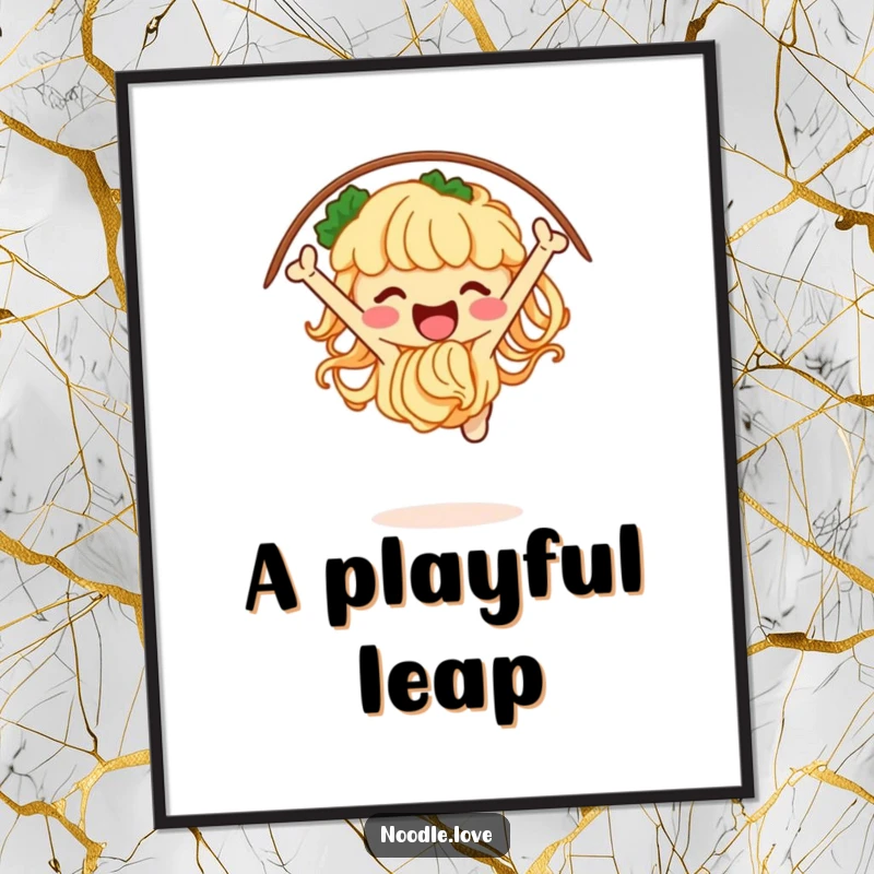 Funny noodle digital art print of a jubilant character jumping through a hoop of chopsticks, offering instant wall decor and food-themed excitement.