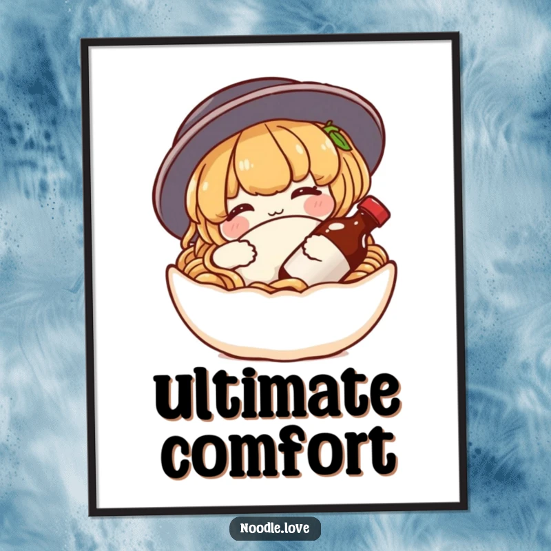 Funny noodle digital art print of a content character snuggling a tiny soy sauce bottle like a pillow, offering instant wall decor and food-themed coziness.