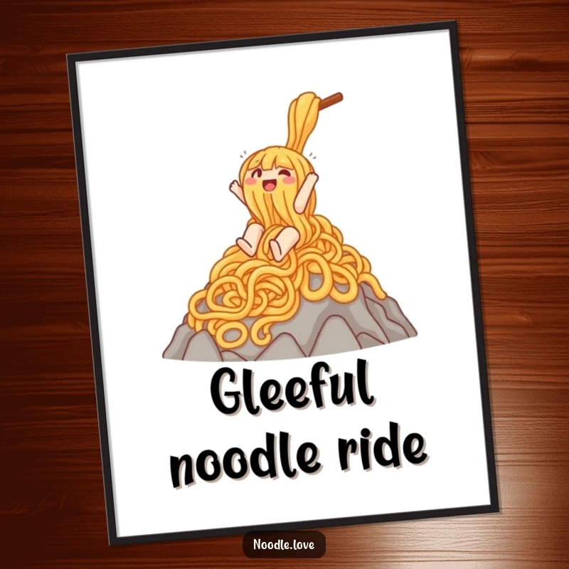 Funny digital art print of a gleeful noodle character joyfully sliding down a huge mountain of noodles, perfect for adding vibrant humor.