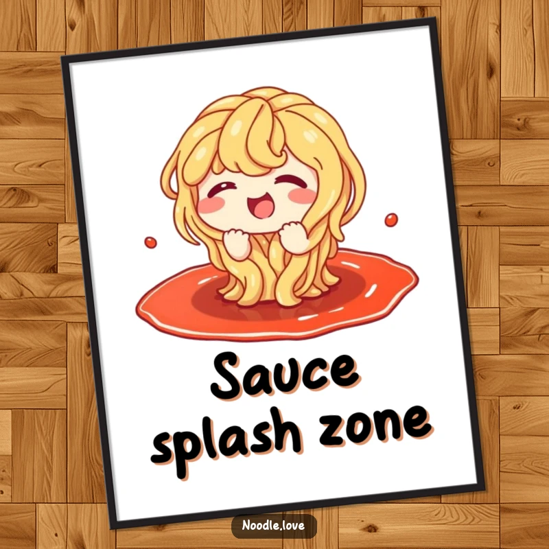 Funny digital art print of a gleeful noodle character giggling uncontrollably while splashing in a wide, inviting puddle of sauce.