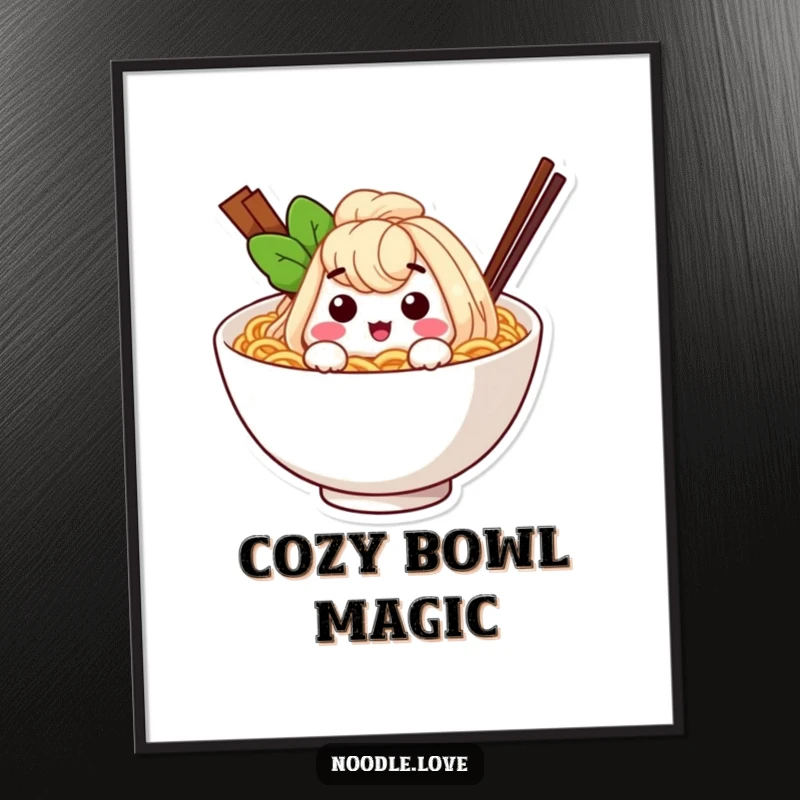 Funny ramen noodle character winking from inside a cozy bowl, a digital art download for humorous and charming decor.