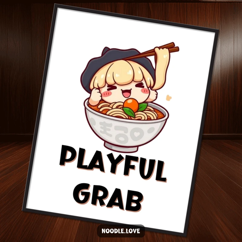 Funny digital art print of a kawaii ramen character playfully using chopsticks to grab a floating ingredient, perfect for adding cute humor.