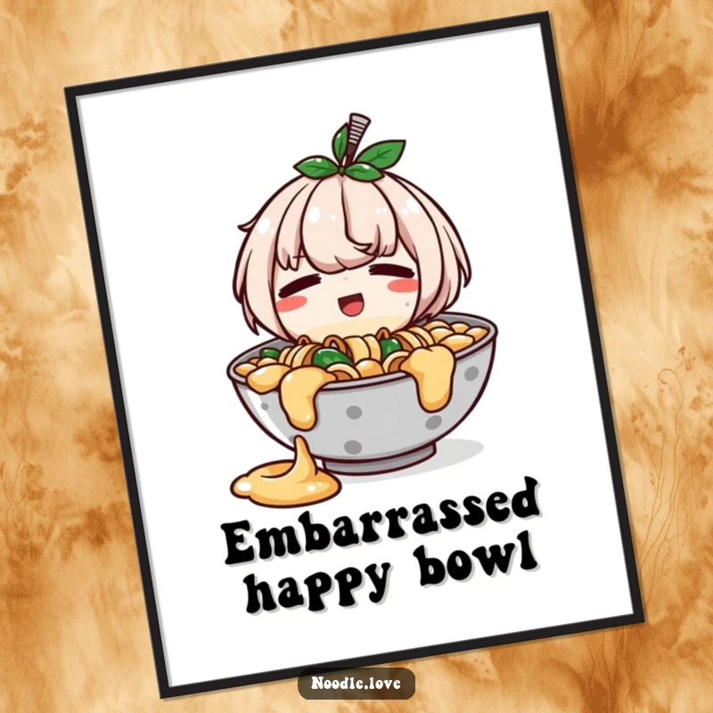 Funny digital art print of a ramen bowl character with a slight, happy spill, looking endearingly embarrassed, perfect for adding humor.