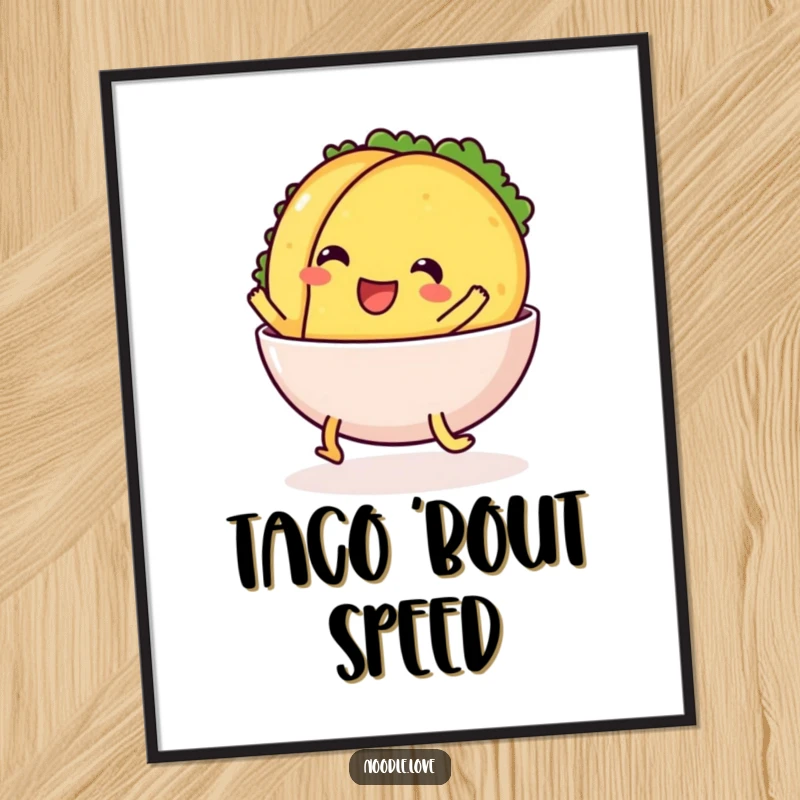 Funny Digital Art: a cheerful taco with legs comically sliding into a bowl, perfect for lively wall decor.