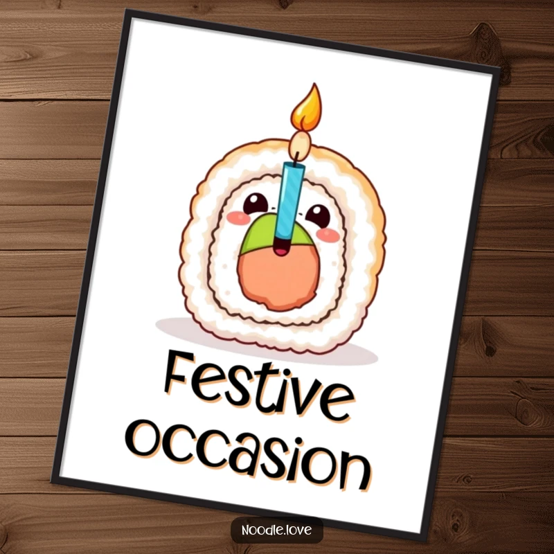 Funny Sushi Birthday Digital Art Print, showing a sushi roll character revealing a surprise birthday candle, perfect for festive decorations.