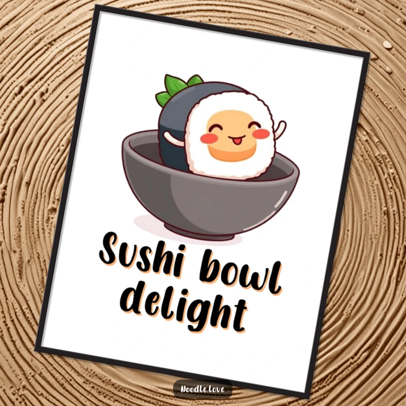 Funny sushi digital art, a smiling sushi piece with tiny rolling legs leaping into a bowl, food art printable.