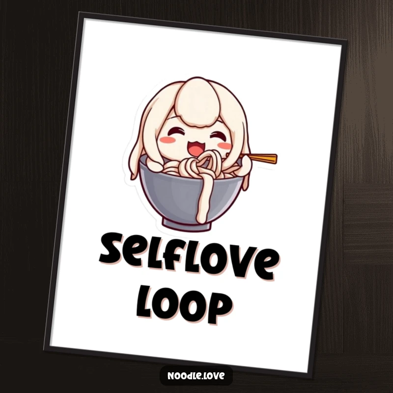 Funny digital art print of a happy anthropomorphic udon noodle character joyfully slurping itself, radiating pure bliss.