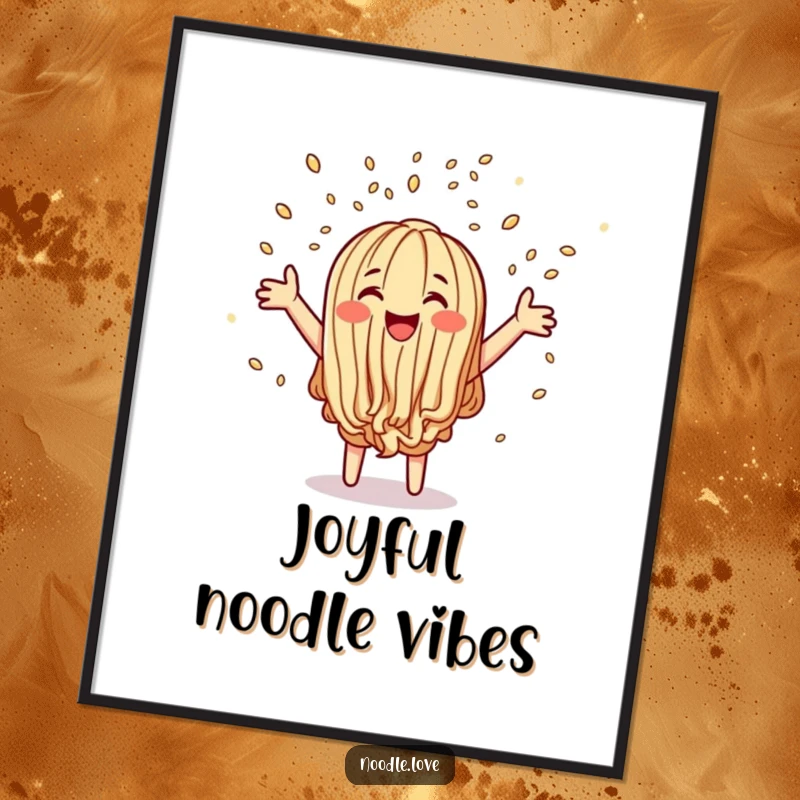 Funny digital art print of a joyful noodle character happily throwing sesame seed confetti, perfect for vibrant and humorous wall decor.