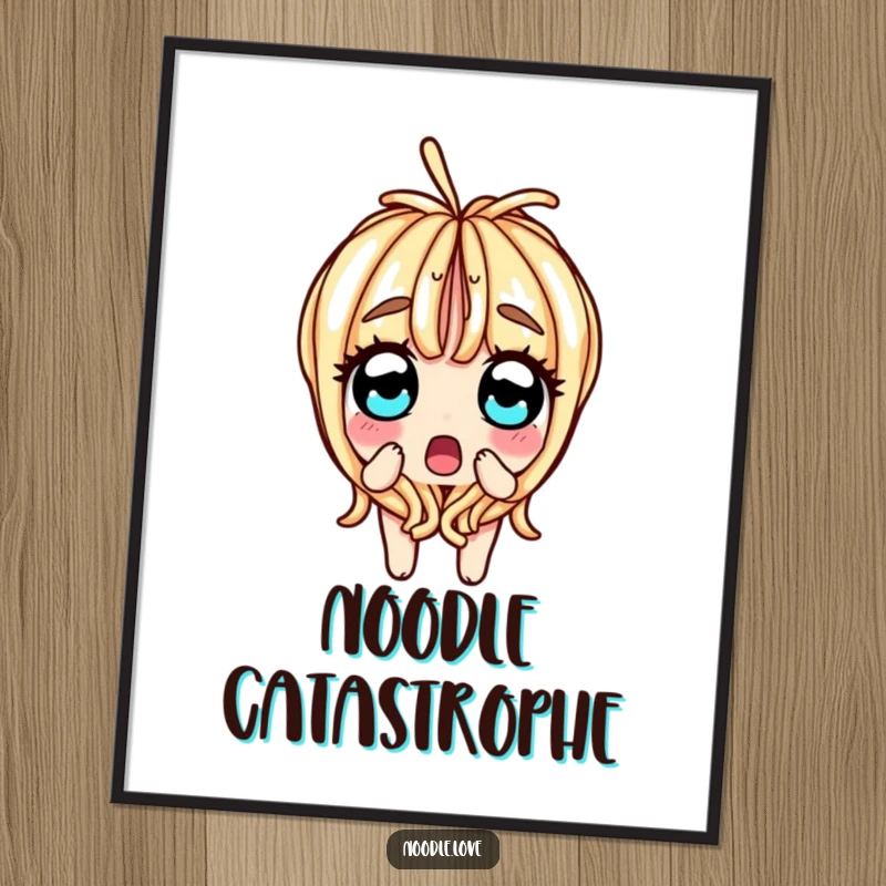 Funny digital art print of a surprised noodle character splitting in half, with wide, shocked eyes, embodying a hilarious food moment.