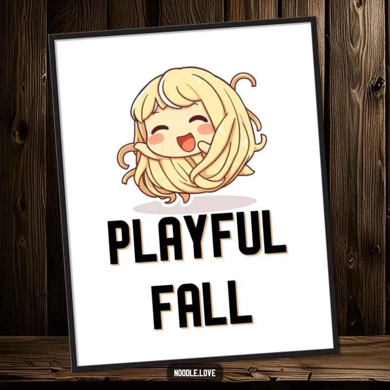 Funny digital art print of a giggling noodle character playfully tumbling, ready for decor.