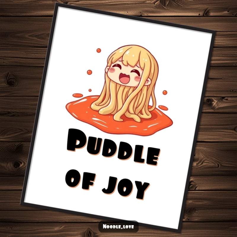 Funny digital art print of a noodle character gleefully splashing in a puddle of sauce, ready for decor.