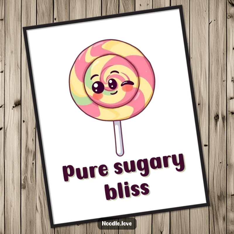 Funny Kawaii lollipop character spinning with joy, as a high-resolution digital art print for instant, humorous decoration.