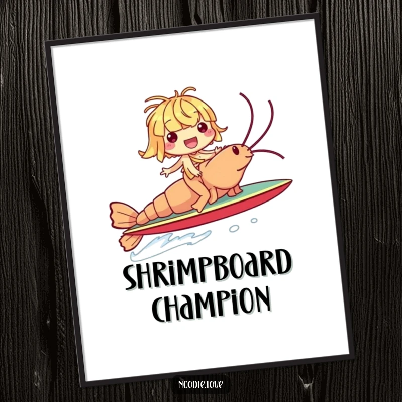 Funny digital art print of a giggling noodle character riding a giant shrimp like a surfboard, adding a humorous and oceanic touch.