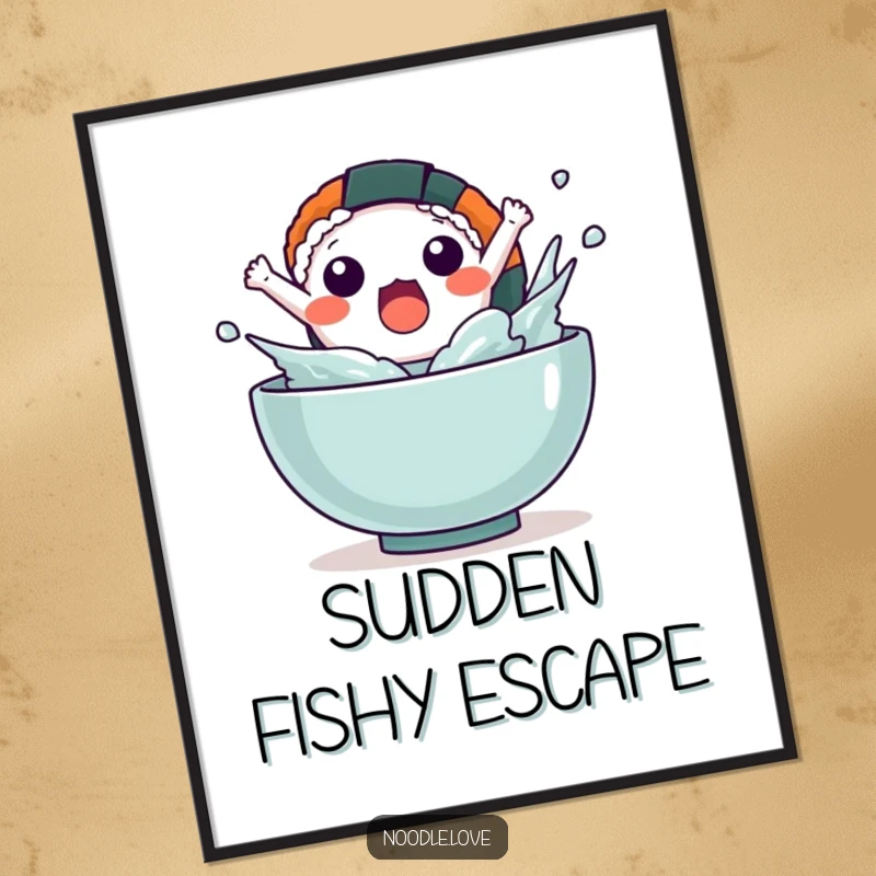 Funny Kawaii sushi character captured mid-splashy leap from a bowl, perfect for a humorous digital art print.
