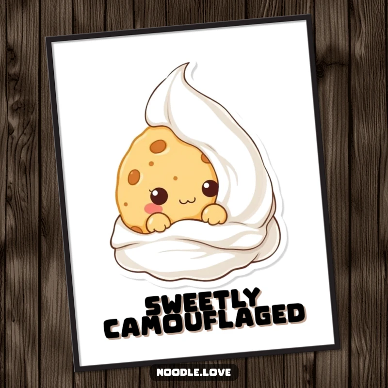 Funny Kawaii cookie peeking from behind cream, available as a digital art print for instant, sweet, and humorous decor.