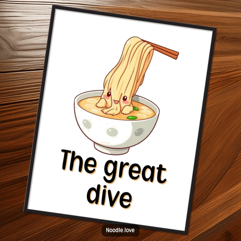 Funny Noodle Dive Digital Art Print, a comical illustration of a noodle character performing a dramatic dive into a bowl of broth.