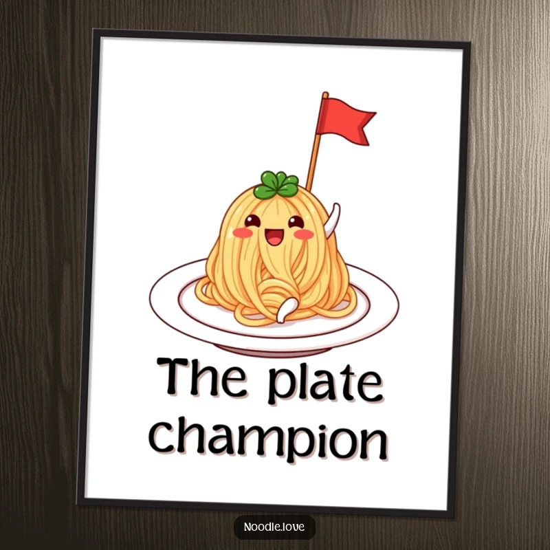 Funny Noodle Digital Art Print: A beaming noodle on a plate, waving a small flag with immense joy, celebrating food.