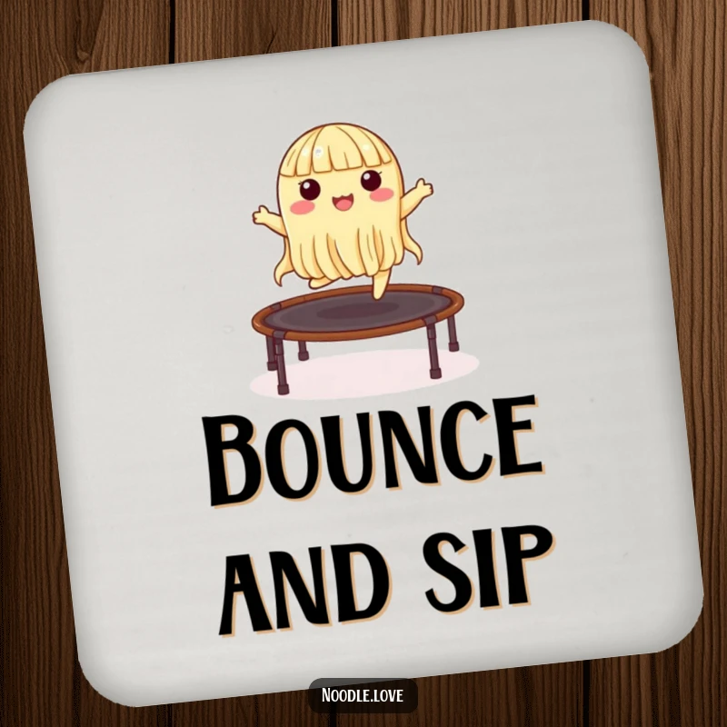 Funny drink coaster with a noodle character bouncing on a nori trampoline, offering playful surface protection and humor.