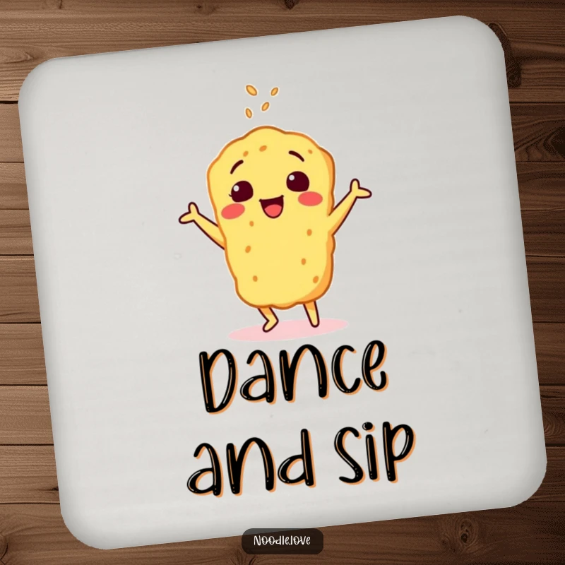 Funny coaster showing a cheerful tempura character doing a happy dance, sprinkled with sesame seeds, protecting surfaces with joyful humor.