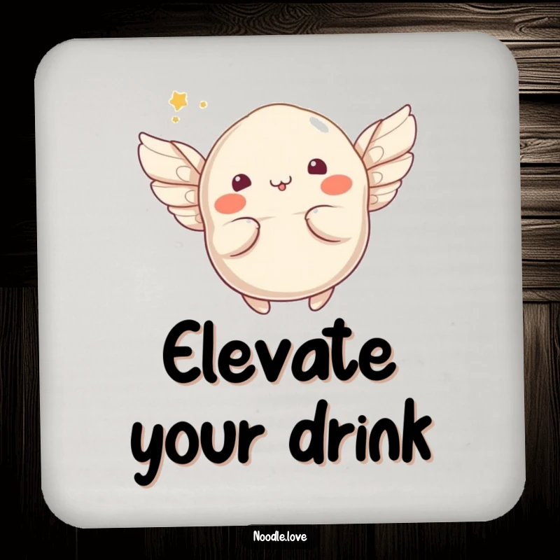 Funny flying dumpling coaster showcasing a whimsical character with tiny wings attempting flight, protecting tables with quirky food-themed art.