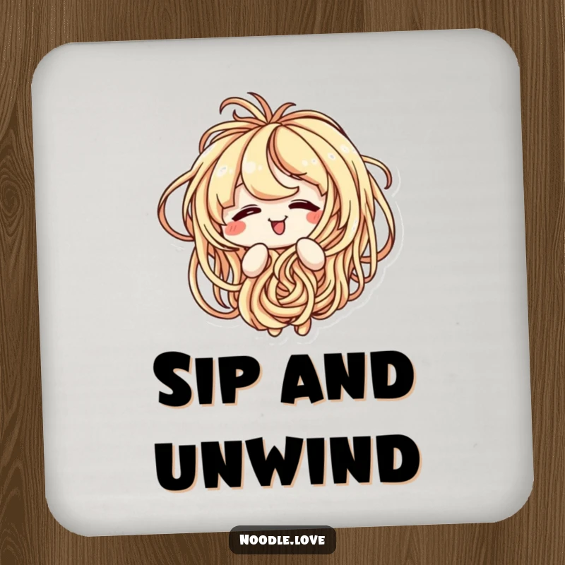 Funny coaster featuring a noodle character amusingly tangled in its own spaghetti strands, protecting surfaces with humor.