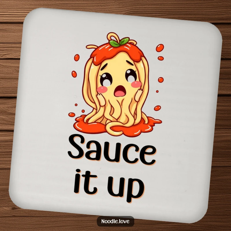Funny Noodle Drink Coaster: A surprised noodle character wiggling with excitement and sauce splattering.