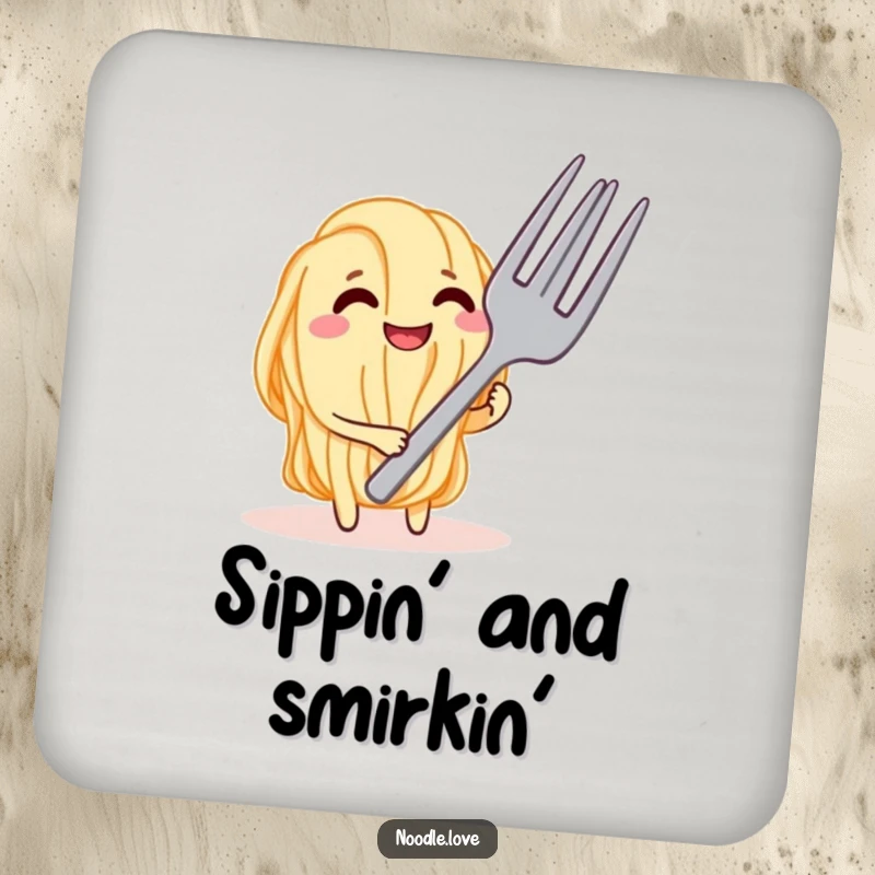 Funny Noodle Tease Coaster, depicting a grinning noodle character teasing a giant fork, perfect for protecting tables humorously.