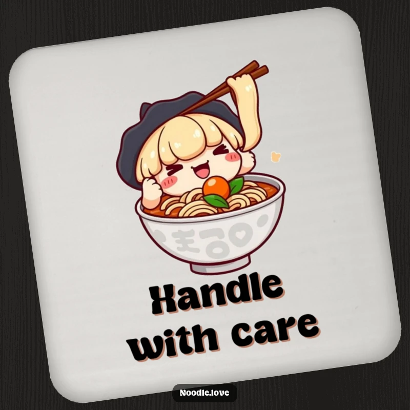 Funny coaster showing a kawaii ramen character using chopsticks to playfully grab a floating ingredient, protecting surfaces with cute humor.