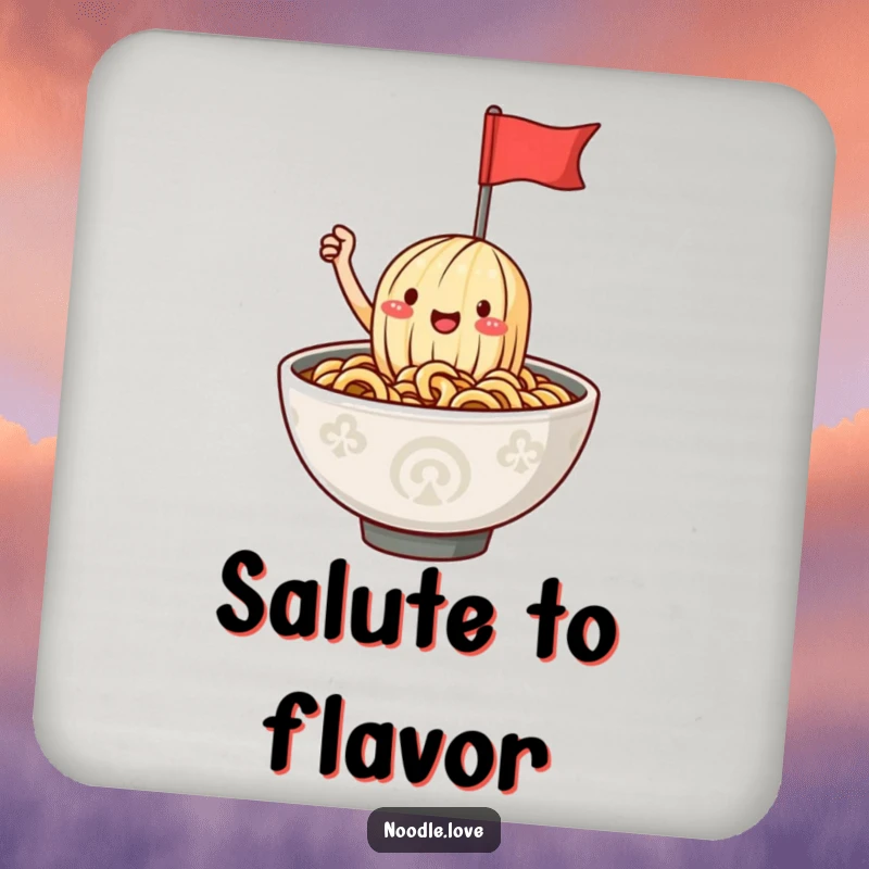 Funny ramen noodle coaster showcasing a happy character waving a flag from a steaming bowl, protecting tables with quirky food-themed art.