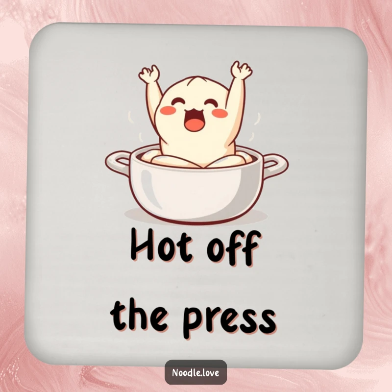 Funny Drink Coaster: a surprised dumpling comically jumping out of a steaming pot, protecting surfaces with food-themed fun.