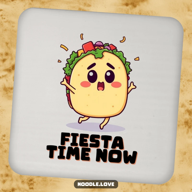 Funny Surprised Taco Coaster: A surprised taco dances with toppings flying, a funny and functional accessory for any table, perfect for fiestas.