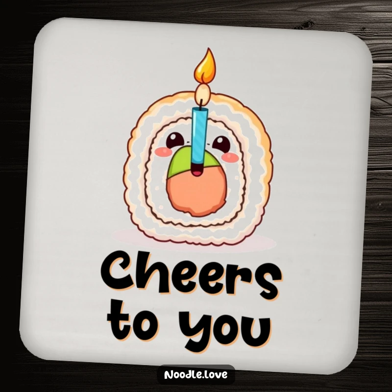 Funny Sushi Birthday Coaster, depicting a sushi roll character popping open with a birthday candle, perfect for party tables.