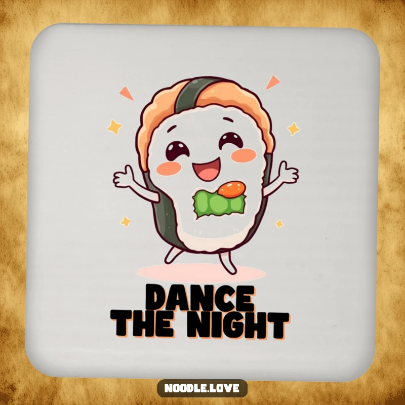 Funny Sushi Dance Coasters: Set featuring a gleeful sushi character dancing happily, adding humorous protection to drinks.