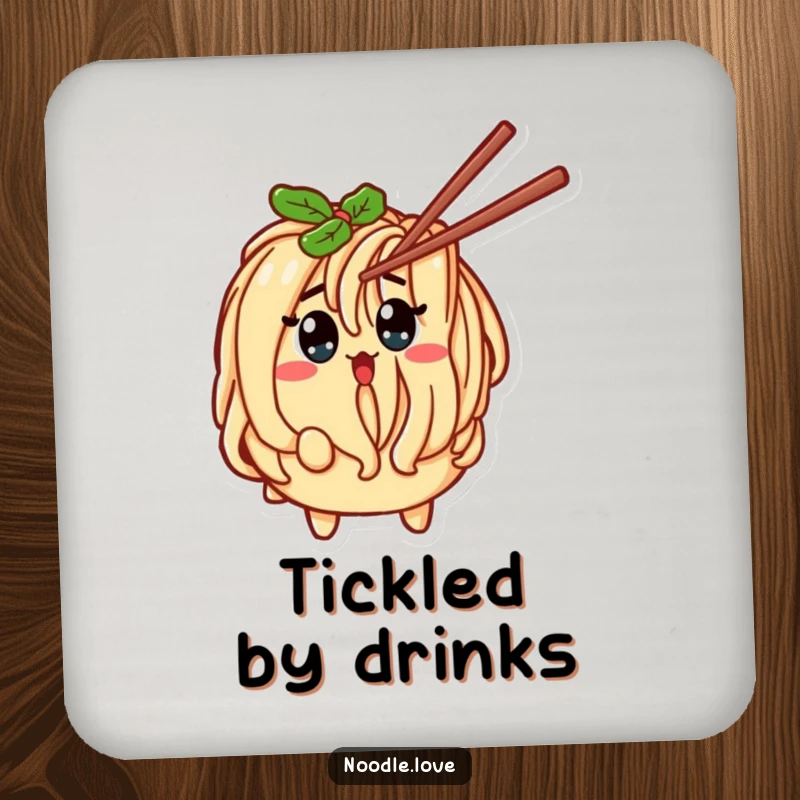 Funny Noodle Character Surprised by Tickling Chopstick Drink Coasters - Comical pasta-themed coasters, protect furniture with humor, funny gift.