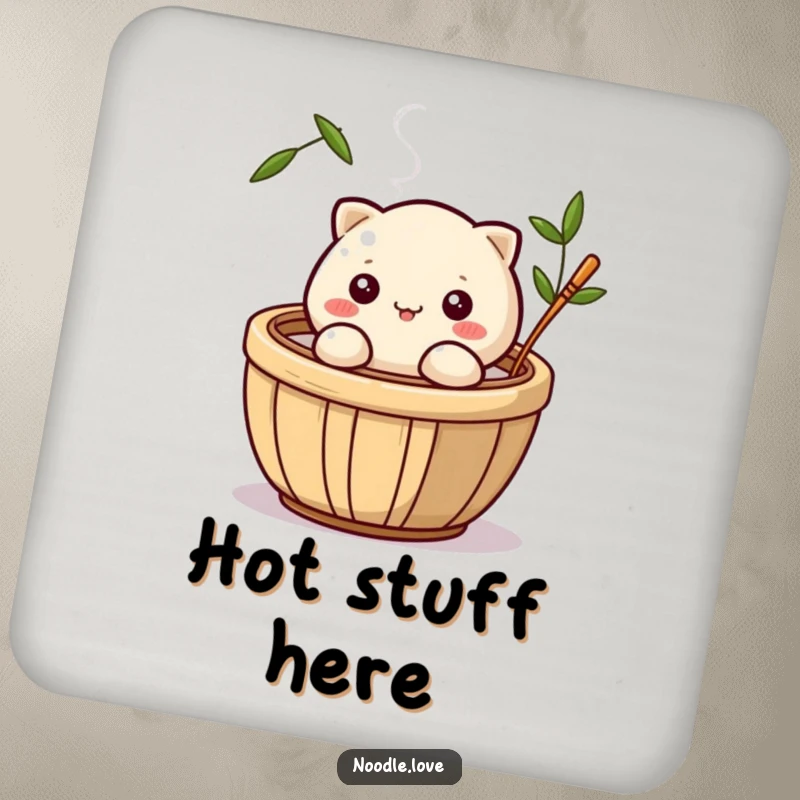 Funny drink coaster featuring a playful dumpling character winking from a steaming bamboo basket, protecting surfaces with quirky charm.