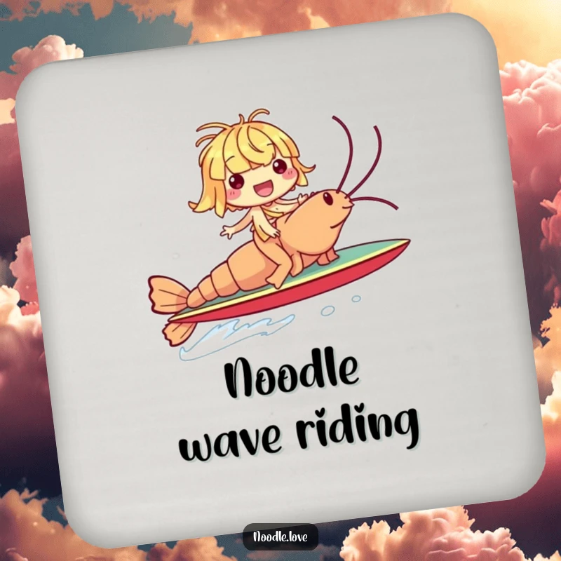 Funny drink coaster with a giggling noodle character riding a giant shrimp like a surfboard, protecting surfaces with a splash of fun.