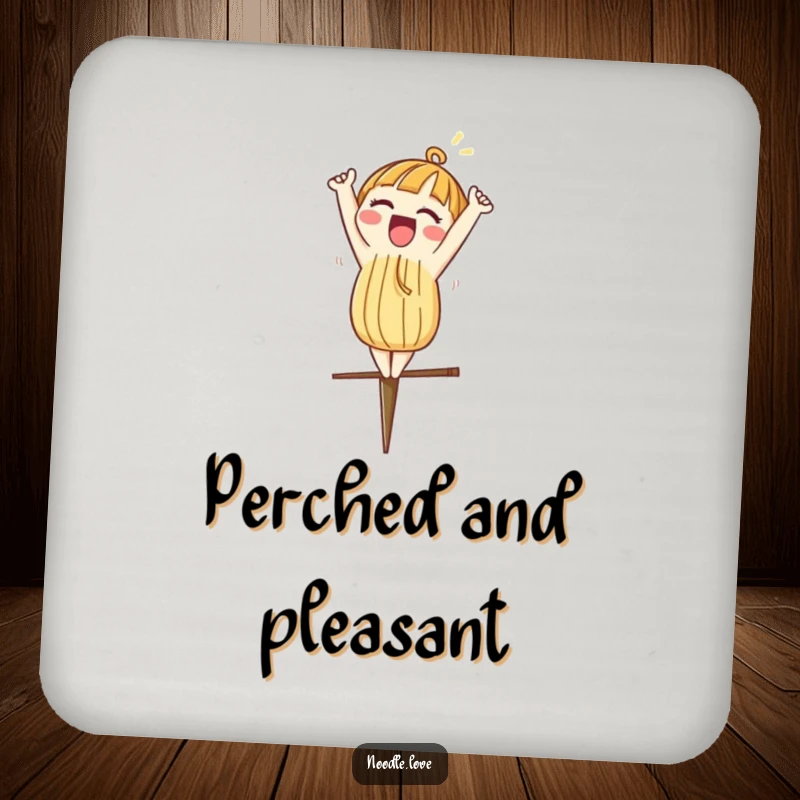 Funny drink coaster featuring a noodle character excitedly doing a headstand on a chopstick, protecting surfaces.