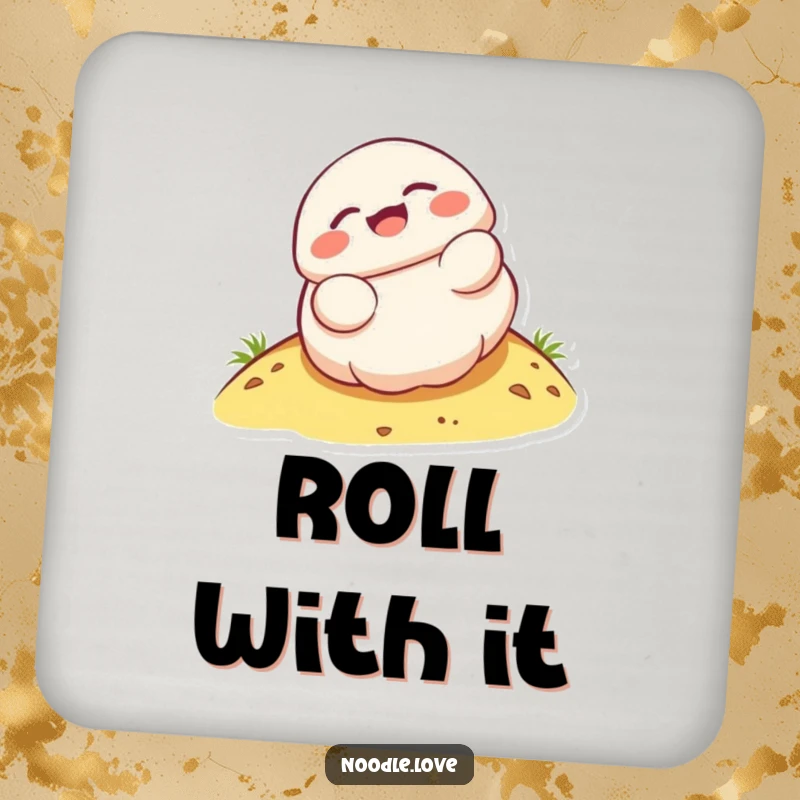 Funny Kawaii dumpling character rolling down a hill with glee, printed on a protective drink coaster.
