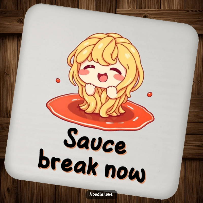 Funny drink coaster showcasing a giggling noodle character splashing with abandon in a rich, dark puddle of sauce.