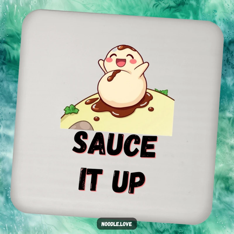 Funny dumpling coaster with a delighted character rolling down a hill, covered in soy sauce, for drinks with a humorous twist.