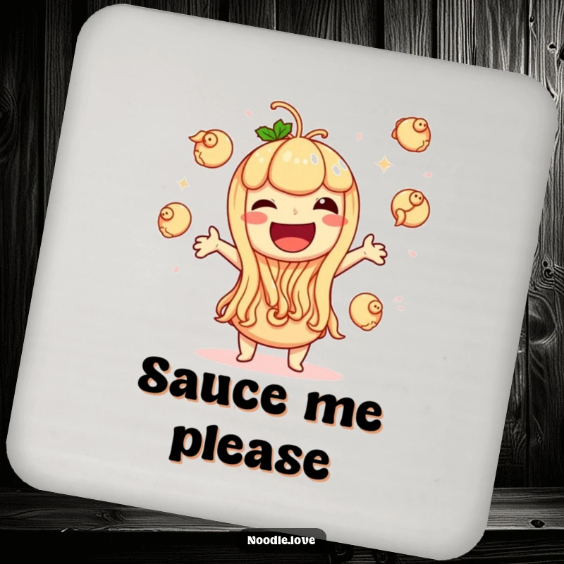 Funny coaster showing a noodle character giggling with extreme glee while juggling tiny dumplings, adding a humorous touch to any drink setting.