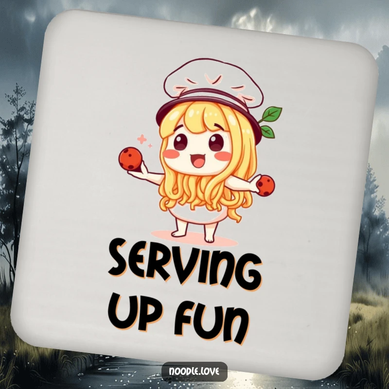 Funny Noodle Character Chef Juggling Meatballs Drink Coasters - Culinary-themed coasters, protect furniture with humor, funny gift.