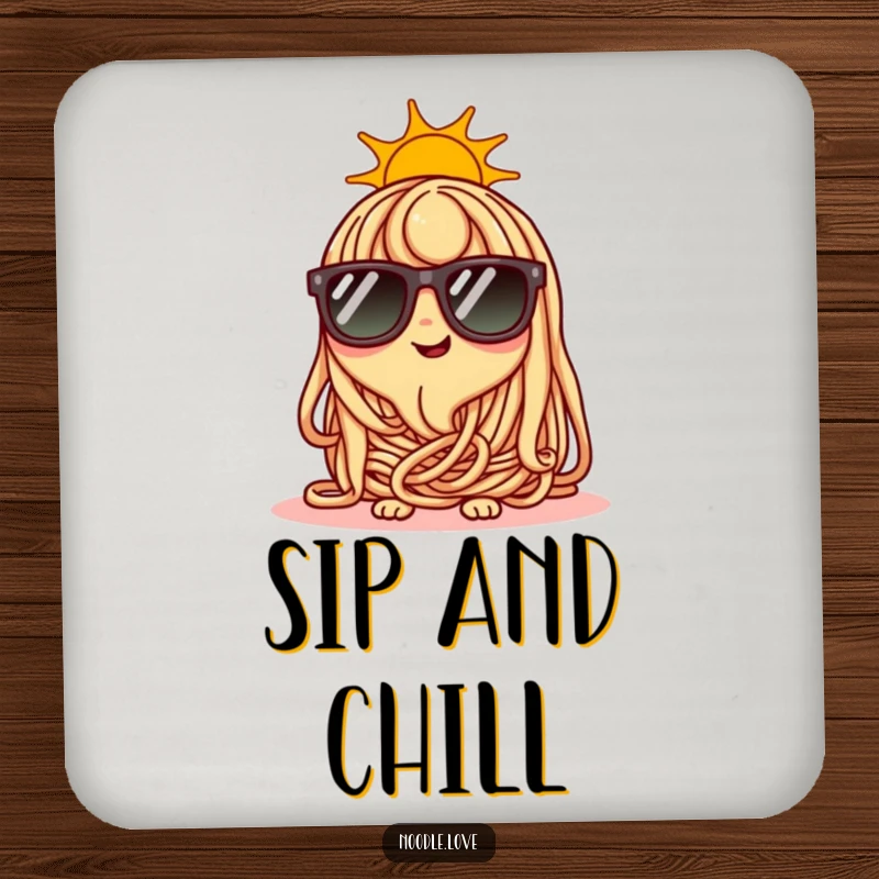 Funny happy noodle character wearing tiny sunglasses on a sunny day, cool drink accessory.